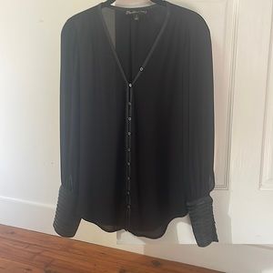 Elizabeth and James silky blouse. Leather detailing. Black. Vneck.
